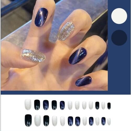 24pcs Short Fake Nail Tips Purple Silver Cat Eye Press On Nail Wearable Nail Sticker Finished False Nail Patch With Glue