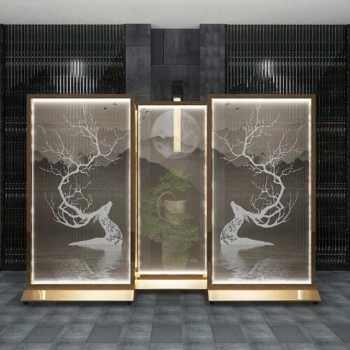 Stainless Steel Screen, Light Luxury Art, Movable Partition With Lamp, Hotel Living Room Decoration SUS 304