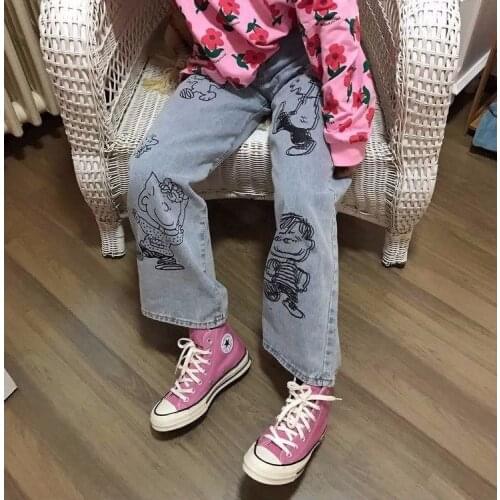 Cartoon character Graffiti Womens Jeans Wide Leg Autumn Straight Capris Loose Denim Pants Female Student Jeans Pants Women