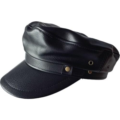 New Fashion Flat Top PU Hat Military Beret High Quality Ladies Hats Solid Color Slouchy Bone Cap Women Punk Hat H35