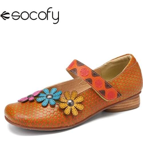 SOCOFY Women Flowers Decor Flat Shoes Dot Printed Cowhide Leather Retro Ankle Strap Hook Loop Comfy Casual Outdoor Flat Shoes