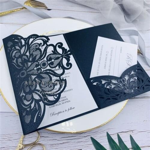 Dark Navy Tri-fold Laser Cut Wedding Invites With Belly Band&Respond Card, Free design