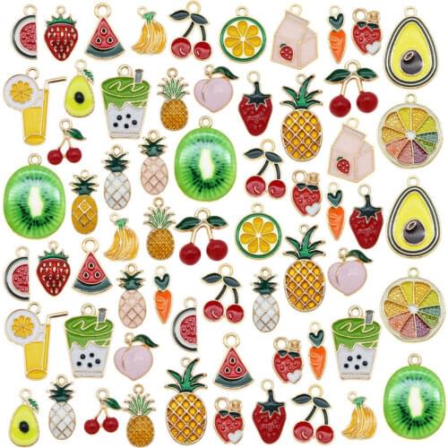 Julie Wang 24PCS Enamel Fruit Charms Mixed Strawberry Cherry Orange Pineapple Avocado Pendants Alloy Jewelry Making Accessory