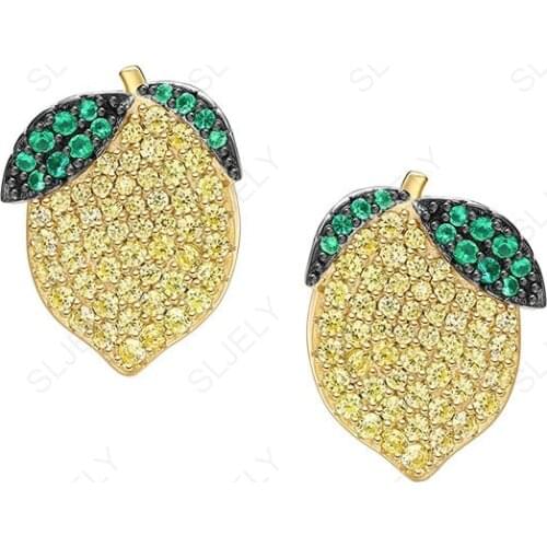 SLJELY Fashion Brand 925 Sterling Silver Jewelry Small Cute Fruit Lemon Stud Earrings Micro Pave Cubic Zirconia Stones for Women