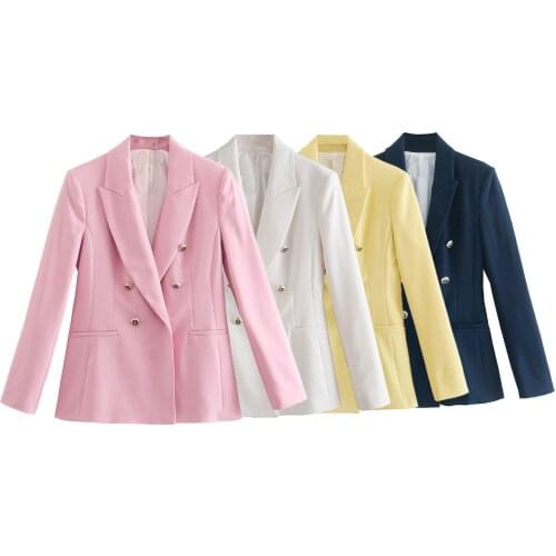 Ladies Double Breasted Blazer Womens Chic Office Retro Jacket Fashion Notched Collar Long Sleeve Topropa mujer traf