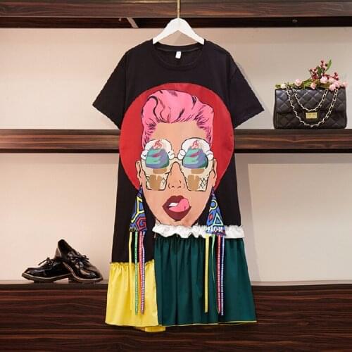 Women Cartoon Girls Printed Ruffles Long Tassels T-shirts Dress Contrast Color irregular Lotus Spliced Pleated Dress Vestidos