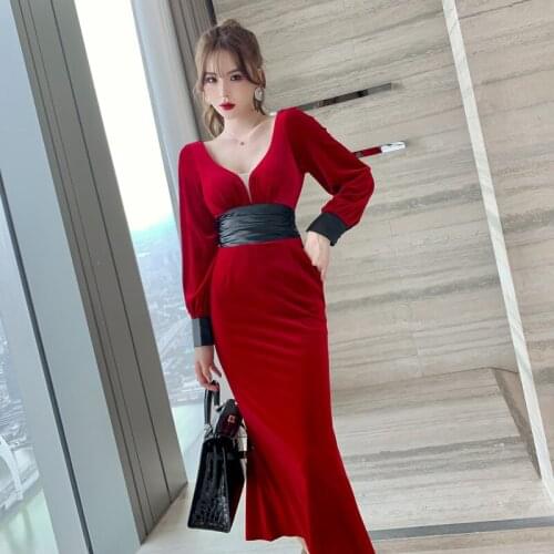 New arrival fashion korean spring midi party dress women OL professional temperament vintage red v-neck velvet mermaid dress