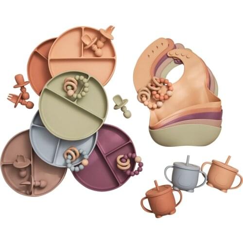 6PCS Baby Feeding Tableware Food Grade Silicone Bowl Bib Plate Spoon Pacifier Chain Bracelet Silicone Feeding Set BPA Free