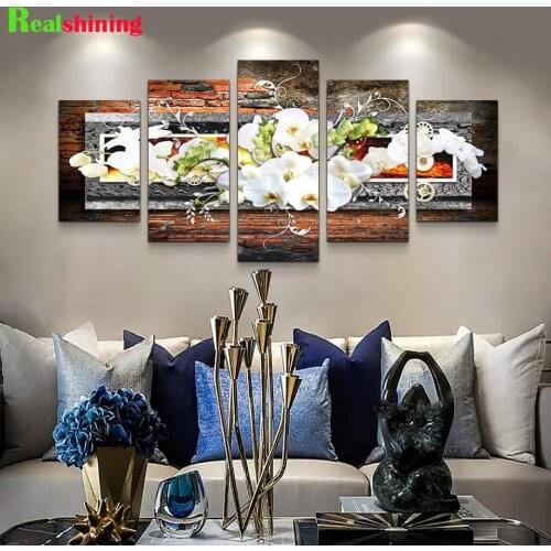 Abstract Relief Diamond painting White Magnolia Full Square Round 5 Pieces 5d Diamond Embroidery Mosaic Multi-Picture N1811