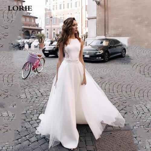 LORIE A Line Satin Wedding Dress With Detachable Train Lace Beach Wedding Gowns vestido de noiva Customize Made