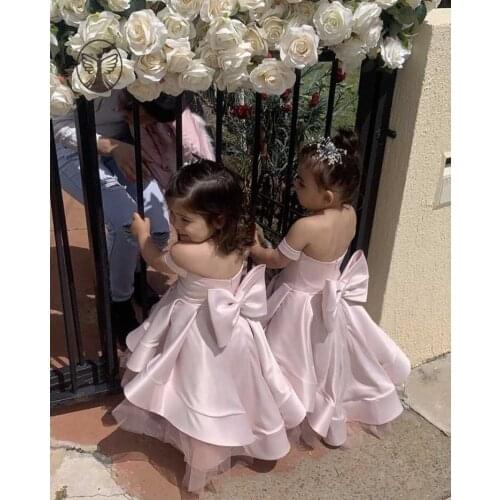 Simple Design Strapless Short Sleeve Satin Short Front Long Back Bowknot Flower Girl Dresses