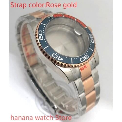 Bliger 904L stainless steel rose gold strap bracelet with 40mm sapphire glass ETA mingzhuji NH36 MH35 case, bezel blue orange