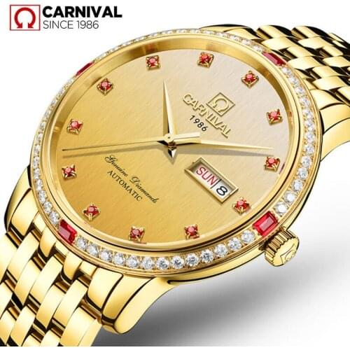 Carnival Automatic Self Wind Mechanical Watch Mens Luxury Gold Stainless Steel Strap Simple Business Red diamond Date Men Watch