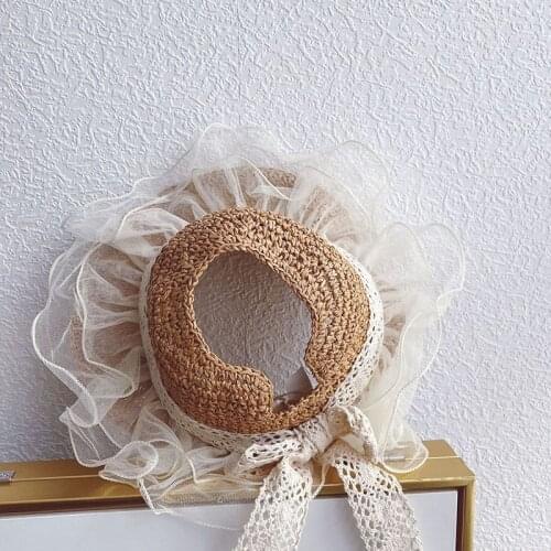 2021 Summer New Arrival Girls Fashion Lace Ribbon Bow Sun Block Straw Hat Kids Hats