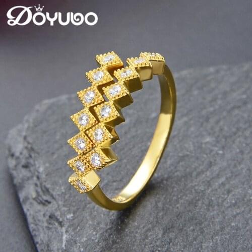 DOYUBO Adjustable Size Rhombus Shape Silver Rings Womens Pure Silver Cubic Zirconia Finger Rings Plated Gold Color Rings VB417