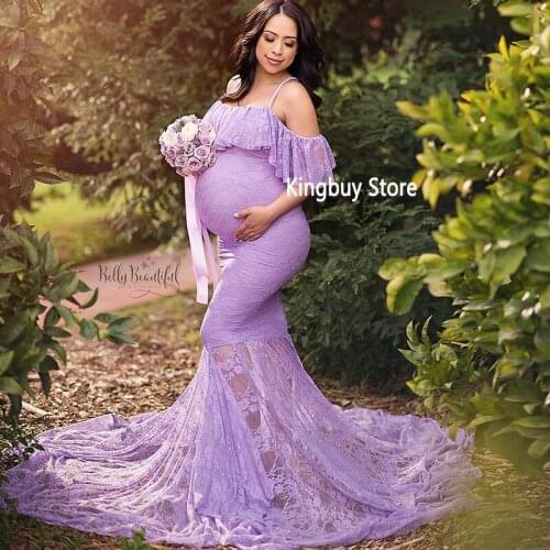 Elegant Ruffles Pregnancy Dress Pregnant Women Baby Shower Long Dresses Lace Maxi Gown Mermaid Maternity Dresses for Photo Shoot