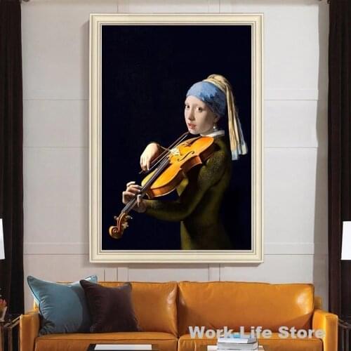 Canvas Painting Wall Art Het meisje met de parel Play Violin Posters and Prints Pictures for Living Room Decoration Home Decor