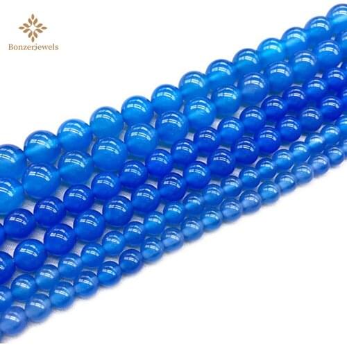 Blue Natural Stone Agates Round Loose Smooth Polished Beads 4 6 8 10 12MM Pick Size For Jewelry Making