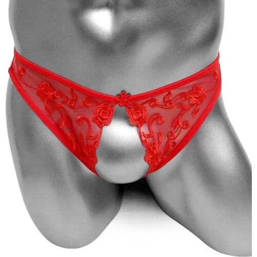 Fashion Gay Open Crotch Underwear Sexy Erotic G Strings Emboidery Lace Strap Bikini Sissy Male Penis Hole Lingerie Sex Panties
