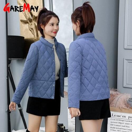 2021 Autumn Winter Womens Coat Korean Fashion Slim Stand Collar Button Pocket Thin Light Down Cotton Parkas Women Casual Jacket