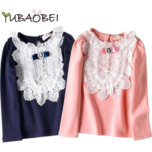 Autumn Cute Girls Lace T-shirt Kids Costume Fashion Bow Tops Tees Cotton Shirts Children Clothes