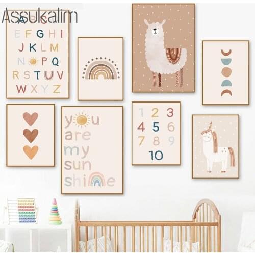 Boho Canvas Print Unicorn Alpaca Prints Rainbow Posters ABC Poster Number Wall Pictures Nursery Painting Baby Kids Bedroom Decor