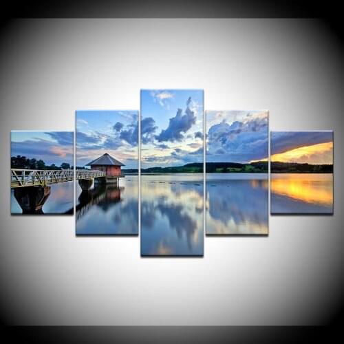 Framework HD Print Wall Art Pictures 5 Pieces Sea Bridge Blue Sky White Cloud Seascape Decor Room Poster Modular Canvas Painting