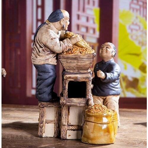 Rare Old Shiwan Kiln Grandpa and Grandma Couple Collecting Grain Ceramic Figures