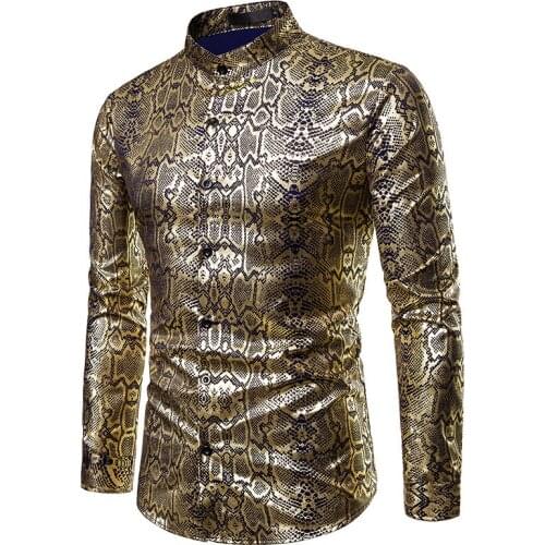 Multiple colour Men Coated gold Bronzing Printed Business dress Shirts Night club party Wedding stage singer Long Sleeve Shirt