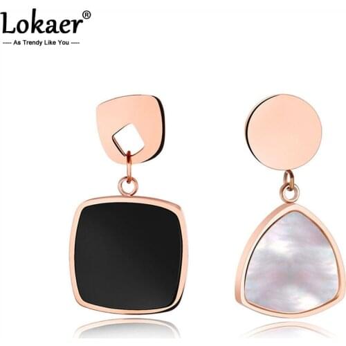 Lokaer Black & White Classic Geometric Triangular Round Motherfish Asymmetrical Earrings Female Titanium Steel Earrings E17076