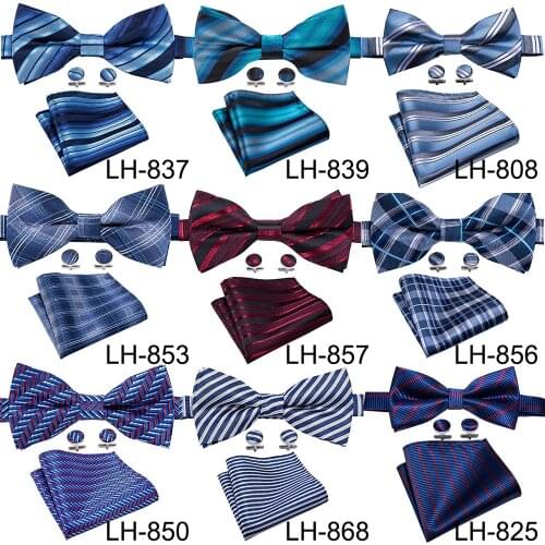 New Mens Butterfly Colorful Bowtie Silk Striped Handky Cufflinks Neckties Suit for Business Wedding Party Navy Barry.Wang