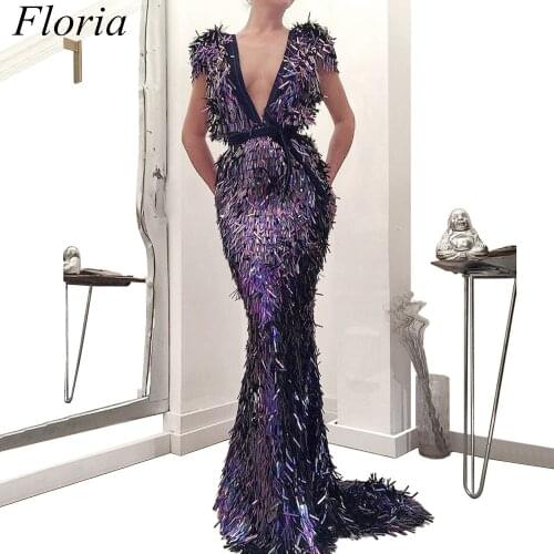 Special Fabric Sequin Prom Dresses Long 2019 Mermaid Deep V-Neck Sweep Train Evening Prom Party Gowns вечерние платья Custom