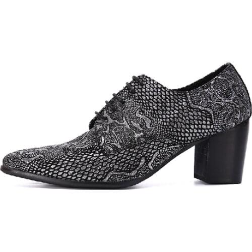 Men Genuine Leather Derby Shoes Office Business Wedding Lace up Pointed Toe Snake Skin Prints Square Heels Shoes Zapatos Hombre