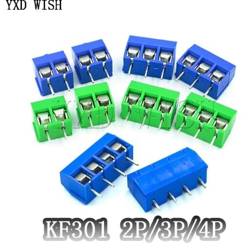 50PCS/Lot KF301-2P 3P 4P KF301-5.0-2P KF301 Screw 2Pin 5.0mm Straight Pin PCB Screw Terminal Block Connector Blue and Green