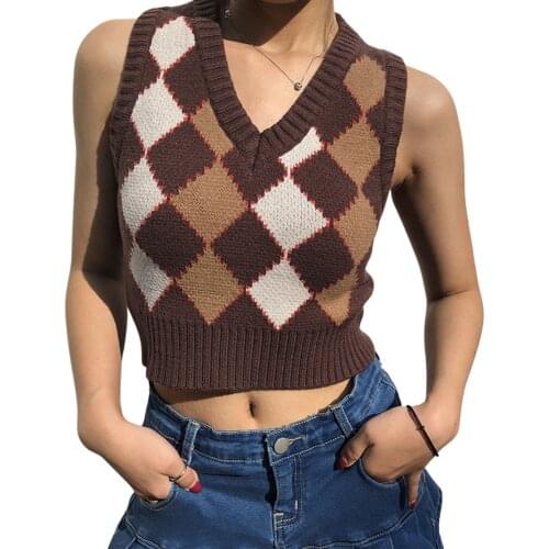 Women Classic V-Neck Short Sweater Plaid Knitted Vest Sleeveless Rib Knitting Crop Tank Spring/Autumn Pullover Top S-L