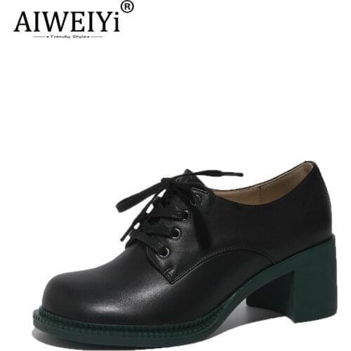 AIWEIYi Spring Autumn Single Shoes Women Thick High Heels Moccasin Shoes Lace Up All-Match Women Shoes Footwear