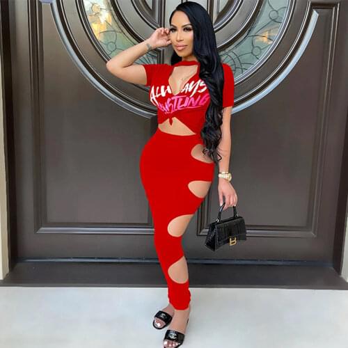 Streetwear Co-ord Sets Two Piece Dress Outfits Women Letter Print Short Sleeve T Shirt+side Hollow Skinny Maxi Skirt Sweatsuit