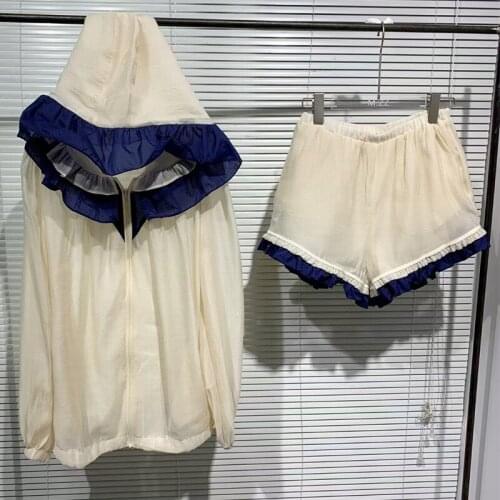 Korean Autumn New Chiffon Hooded Color Matching Bat Sleeve Loose Jacket + Shorts Two-piece Sets Women Fashion Streetwear 2021