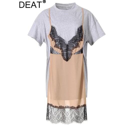 [DEAT] new summer fashion women lace patchwork short sleeves fake two pieces T-shirt dress female vestido WR60702L