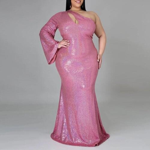 Plus Size Women Maxi Mermaid Dress One Shoulder Long Sleeve Gown Solid Sequins High Waist Elegant Chic Party Dress Robe Vestidos