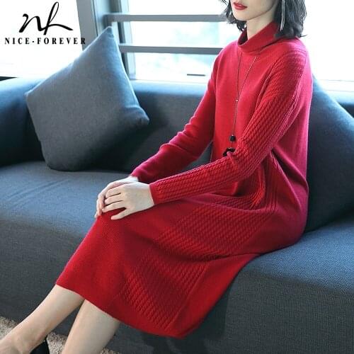 Nice-forever Classic Solid color Long Sleeve Straight Knit vestidos Office Women Winter Sweater Dress TM029