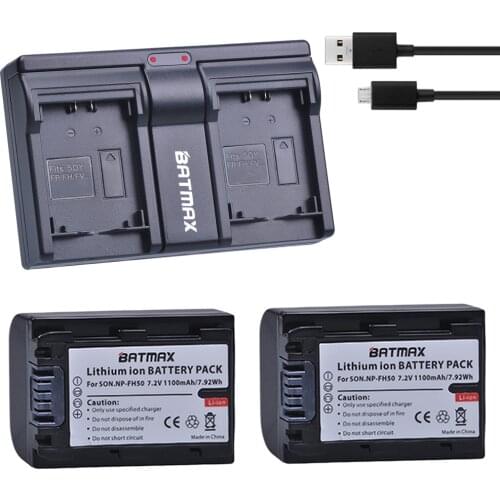 2Pcs 1100mAh NP-FH50 NP FH50 NPFH5 NP FH70 FH100 Batteries + USB Dual Charger for Sony A230 A290 A390 HX100 HX200 HDR-TG1E