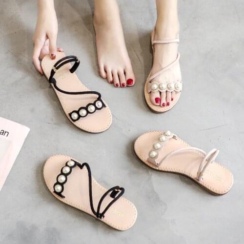 Pearl bohemian sandals women narrow band gladiator sandalias mujer weave belt suede beach slippers beading sandales femme 316