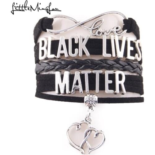 Little Minglou Infinity Love black lives matter bracelet heart charm Awareness leather men bracelets & bangles for women jewelry