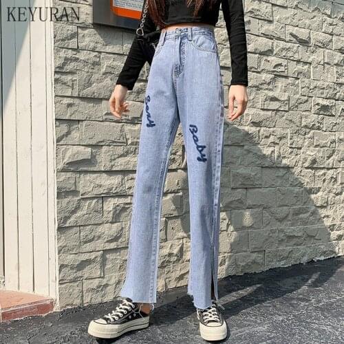 Womens Straight Leg Jeans Women High Waist Loose 2021 Summer Letter Print Casual Split Washed Denim Pants Mom Fashion Trousers