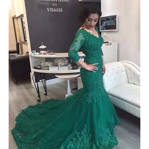 Elegant Emerald Green Lace Mermaid Party prom gowns Sequin Arabic Formal dress Evening Gown robe de soiree Mother Bride Dresses
