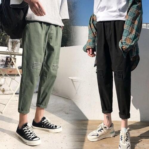 Overalls mens casual pants student trendy brand foot pants nine-point pants Harlan straight boys teen summer thin section