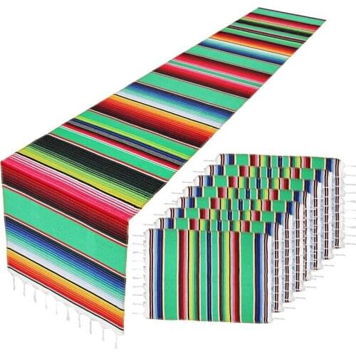 Mexican Table Runner With Place Mats(8 Pcs), Mexican Serape Assorted Place Mats Mexican Party Wedding Decorations, Fringe Serape