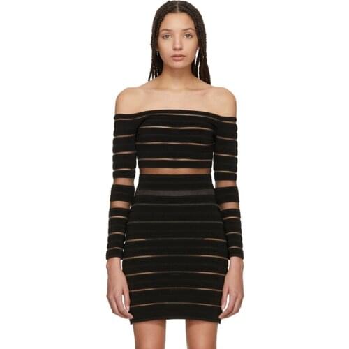 Sexy Patchwork Slash Neck Striped Cold Shoulder Mesh Long Sleeve Bandage Mini Dress