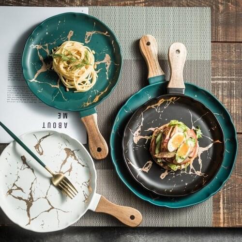 Marble golden texture tableware light luxury handle steak pasta plate home creative Nordic personality ceramic breakfast plate